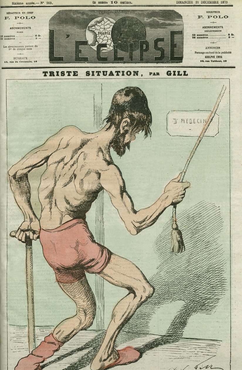 Trist situasjon, karikatur av en syk person som leter etter "en god grunnlov". Omslag i "" L
