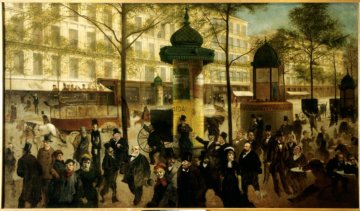 Skisse for et panorama av Boulevard Montmartre animerer moderne parisiske personligheter av Andre Gill