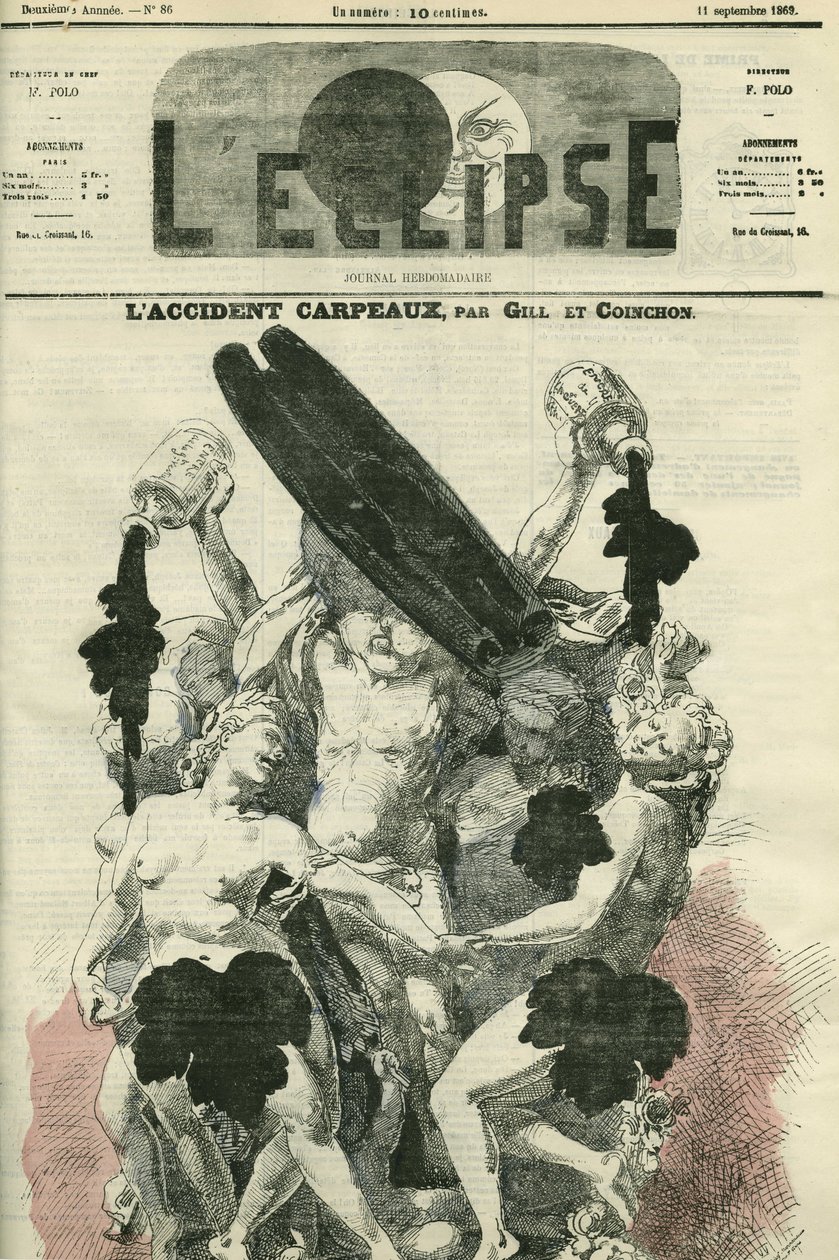 Carpeaux-ulykken, illustrasjon av "" La Danse"" av Jean-Baptiste (Jean Baptiste) Carpeaux, en skulptur for Opera Garnier som ble sterkt kritisert til det punktet at en flaske blekk ble kastet på den. Omslag i "" L'Eclipse& av Andre Gill