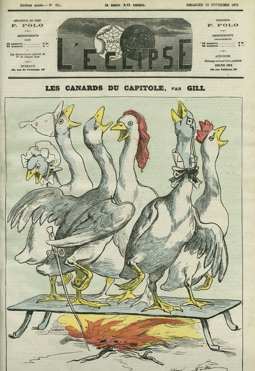 Andene på Capitol, karikatur av avisene "La Patrie", "Le Constitutionnel", "Le Pays", "Le Figaro", "L'ordre" og "Le Gaulois"". Cover i "" The Eclipse"" av Gill, 23. no av Andre Gill