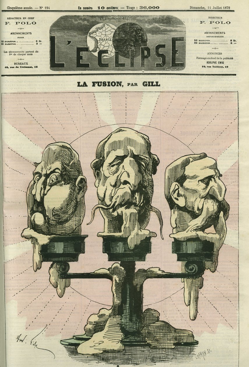 Fusjonen, en illustrasjon av konstitusjonen til forsamlingen, med royalister, bonapartister og republikanere. Omslag i "" L