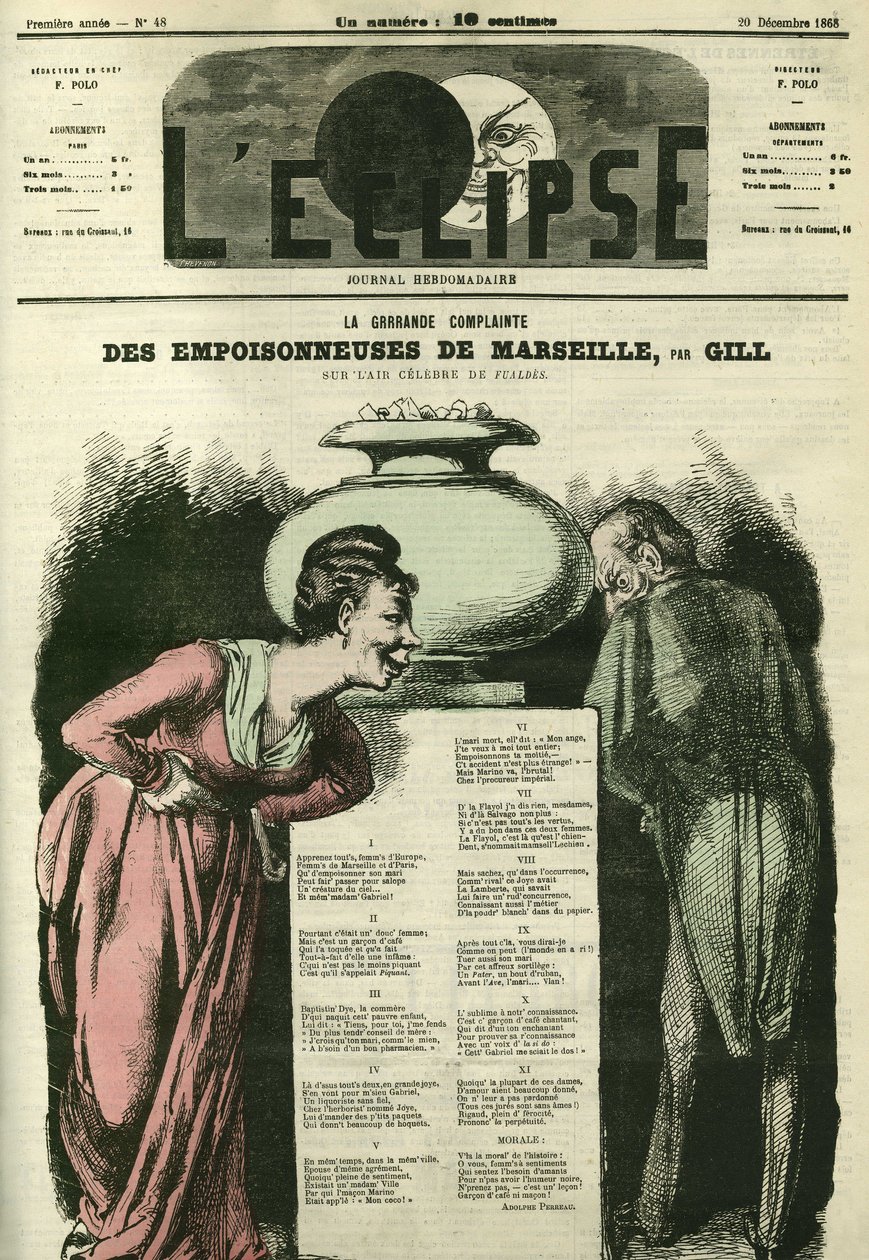 Den store klagesangen "" Poisonneuses de Marseille "". Omslag i "" L'Eclipse"" av Gill, 20. desember av Andre Gill