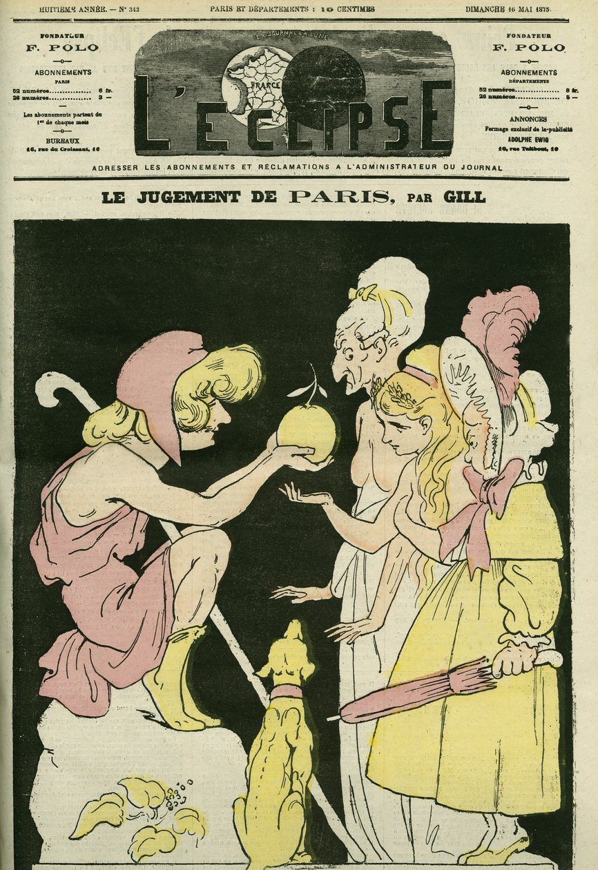 Dommen av Paris, som velger republikken til imperiet og monarkiet. Omslag i "" L'Eclipse"" av Gill, 16. mai av Andre Gill