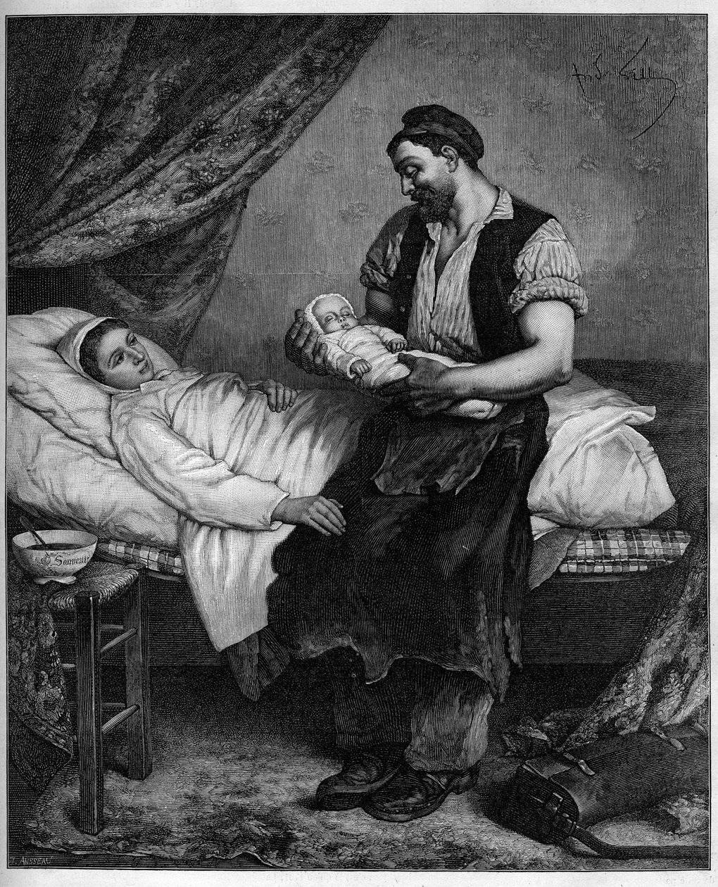 Den nye (nyfødt). Gravering etter maleriet av Andre Gill (1840-1885) i "" The Illustrous World"" nr. 1283 av 29. oktober av Andre Gill