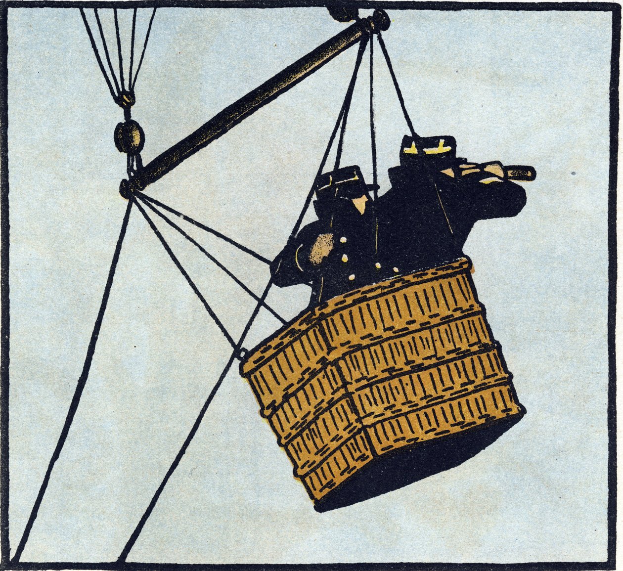 Første verdenskrig 1914–1918 (14–18): Observatører (observasjonspost) av den franske hæren i en fanget ballong prøver å få øye på fienden. Gravering i «Alfabetet fra den store krigen 1914–1916 (for våre soldaters barn)». Editions Berger-Levrault av Andre Helle