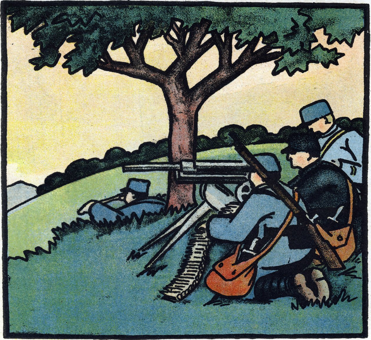 Første verdenskrig 1914–1918 (14–18): Soldater fra den franske hæren bruker maskingevær på slagmarkene. Gravering i «Alfabetet fra den store krigen 1914–1916 (for våre soldaters barn)». Editions Berger-Levrault av Andre Helle
