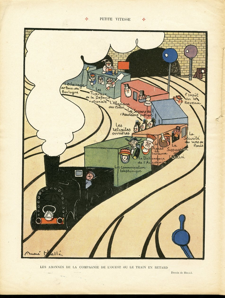 Illustrasjon av Andre Helle (1875–1945) i Le Rire, 25.01.08 – Liten hastighet – Transport, Tog Jernbane Jernbane, Western Company av Andre Helle