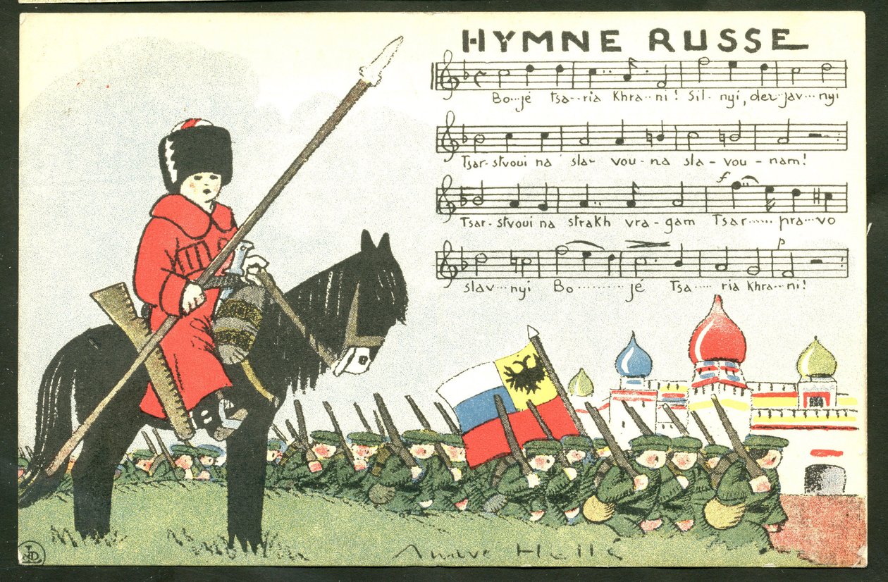 Postkort, satirisk i farger: Russisk hymne - krigen 14.-18., Russland, sang - soldater Illustrasjon av Andre Helle (1875-1945) av Andre Helle