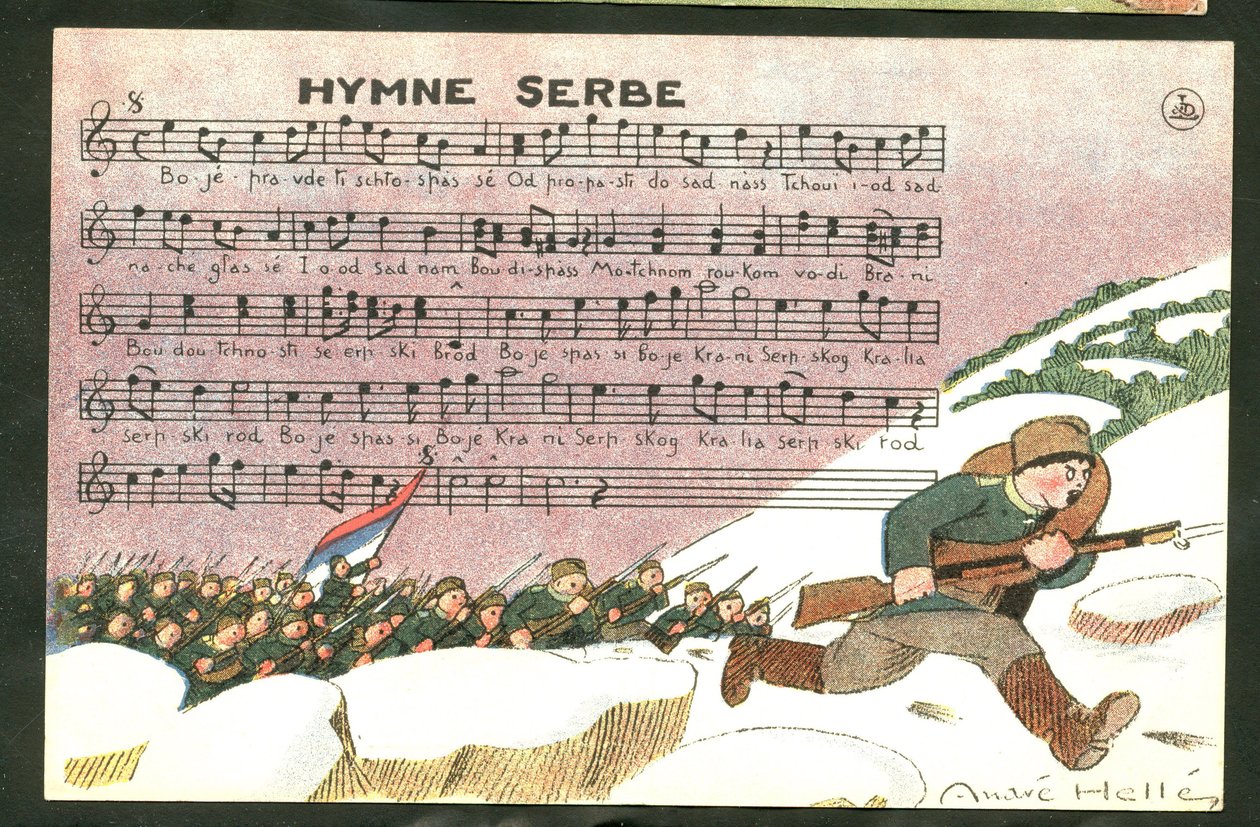 Postkort, satirisk i farger: Serbisk hymne - krigen 14-18, sang, Serbia - soldater Illustrasjon av Andre Helle (1875-1945) av Andre Helle