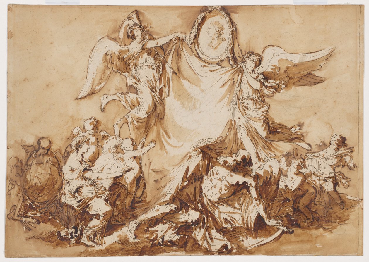 An Allegory of the Arts Vanquishing Time, overvunnet av et medaljongportrett av kong Stanislaw August av Polen som kunstens beskytter av Andre Jean Lebrun