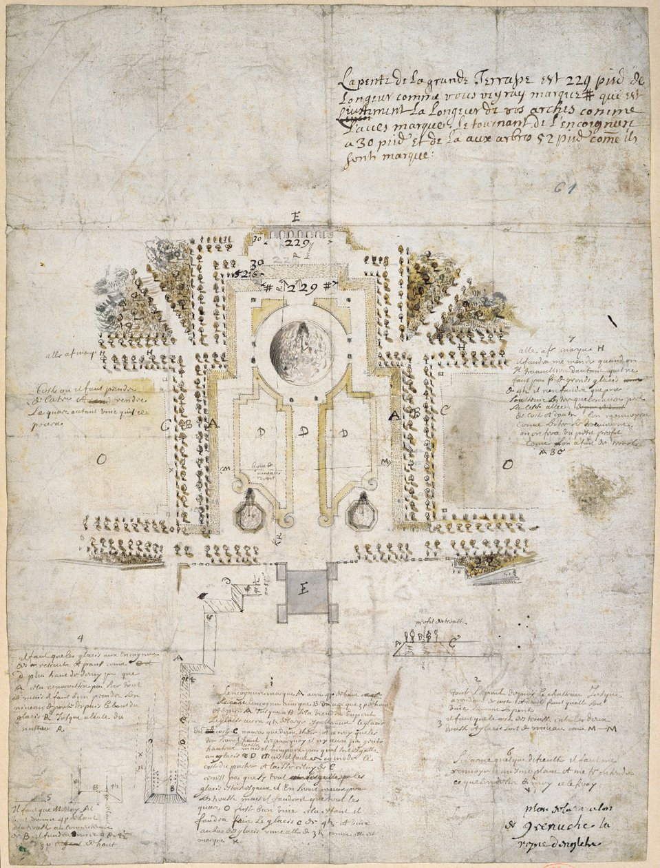 Design for landskapsforming av hagen og parken ved Queen's House, Greenwich, 1662 (penn, blekk og vask) av Andre Le Notre