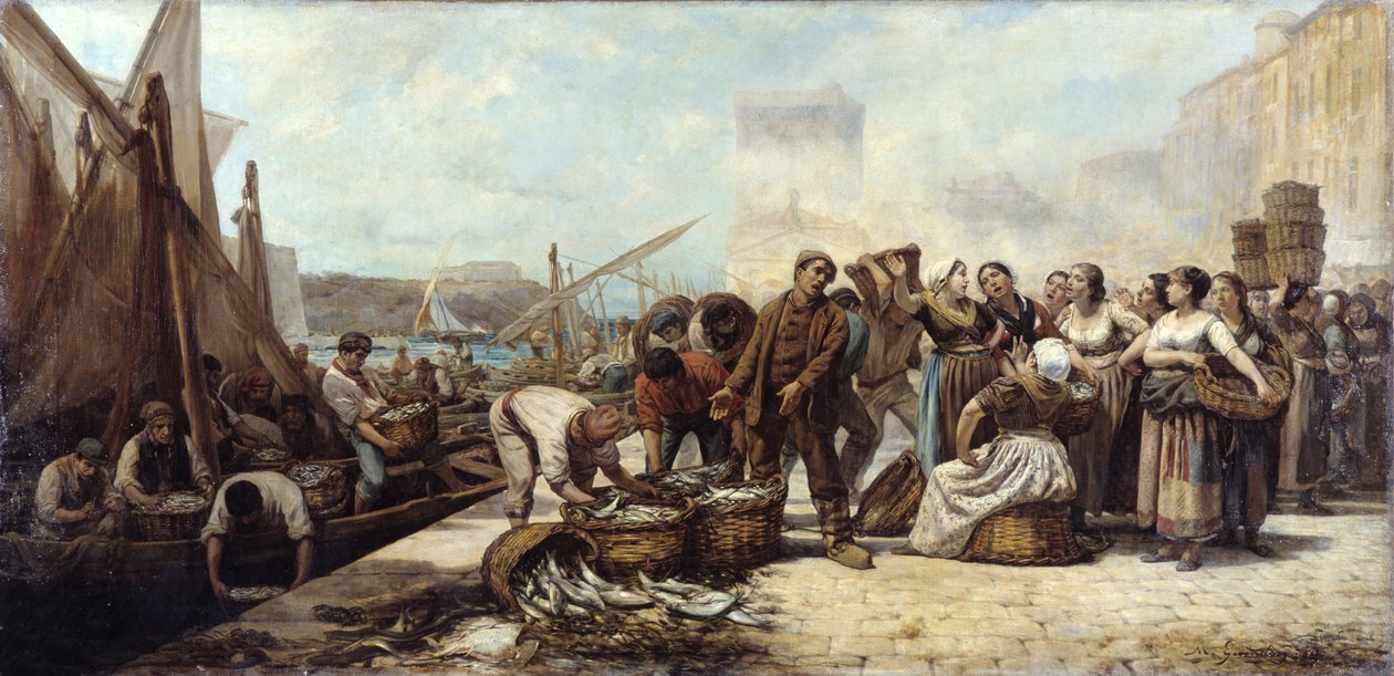 Ankomst av fiskere til den gamle havnen i Marseille av Andre Marius Guindon