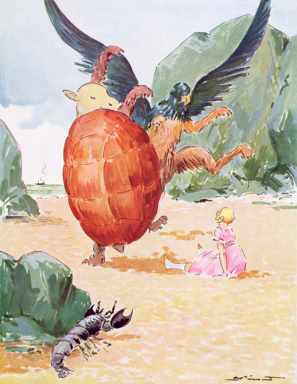 Alice, the Gryphon and the Mock Turtle, illustrasjon fra 'Alice in Wonderland' av Lewis Carroll (1832-98) utgitt av Editions Delagrave, Paris av Andre Pecoud