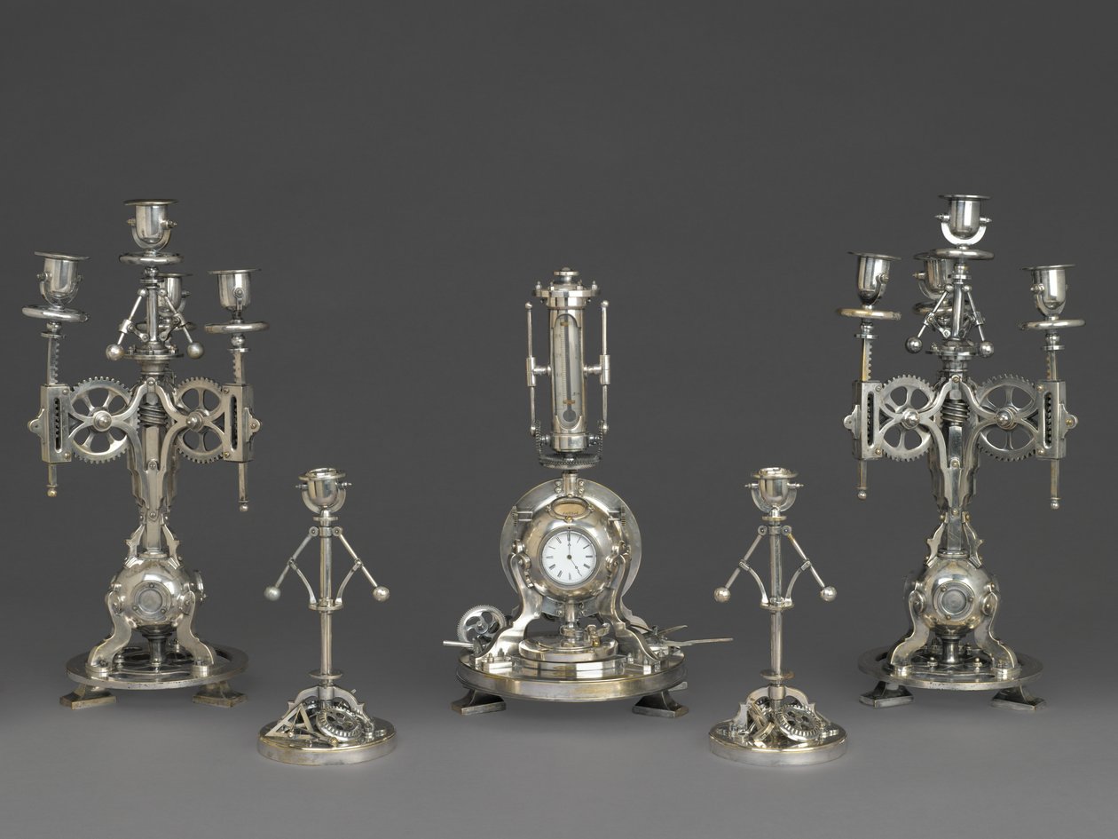 Klokke, del av et femstykke urgarniture, ca. 1880 (sølv bronse, glass, papir) av Andre Romain Guilmet