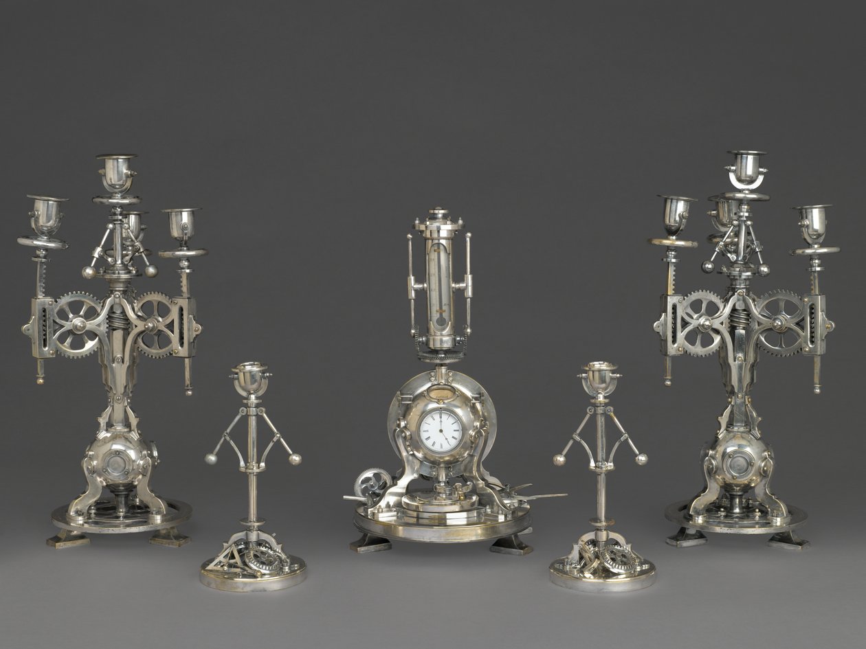 Fem stykke urgarniture, ca. 1880 (sølv bronse, glass og papir) av Andre Romain Guilmet