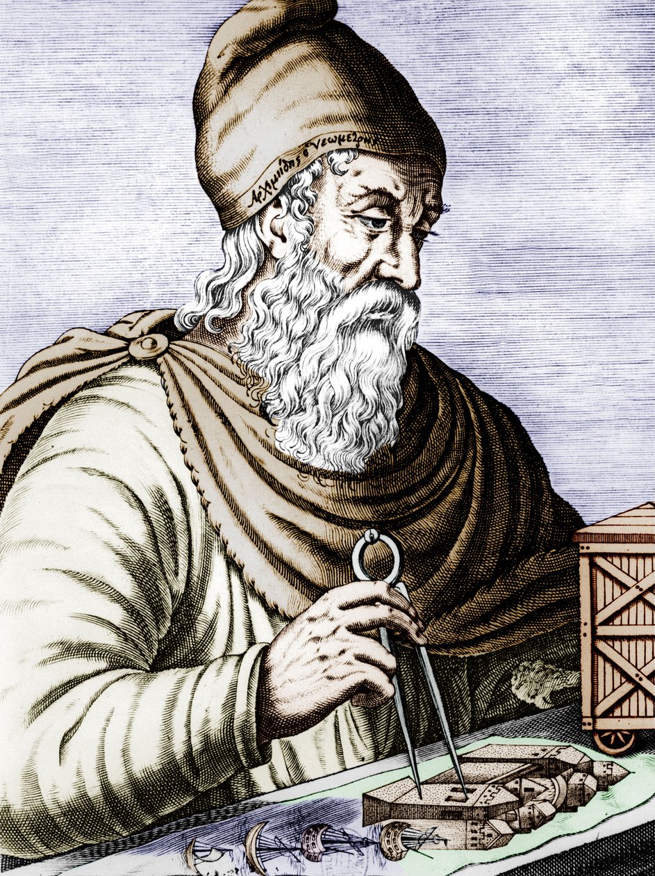 Archimede (287-212 avJC), gresk siciliansk fysiker og matematiker, graverer fargelagt dokument av Andre Thevet