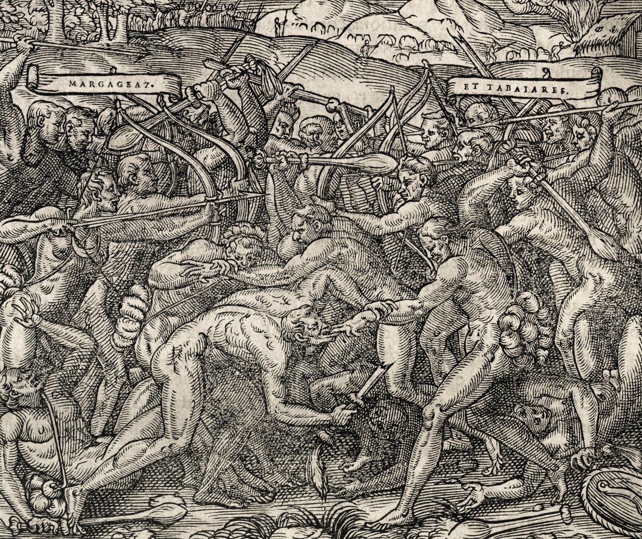 Kamp mellom stammene Margageaz og Tabajares, gravering fra Universal Cosmology, av Andre Thevet (1504-1592) av Andre Thevet