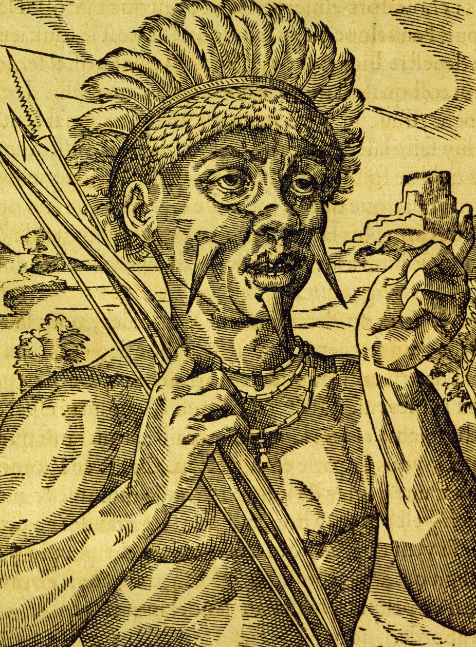 Sjef for stammen av kannibaler, gravering fra Universal Cosmology, av Andre Thevet (1504-1592), Paris av Andre Thevet