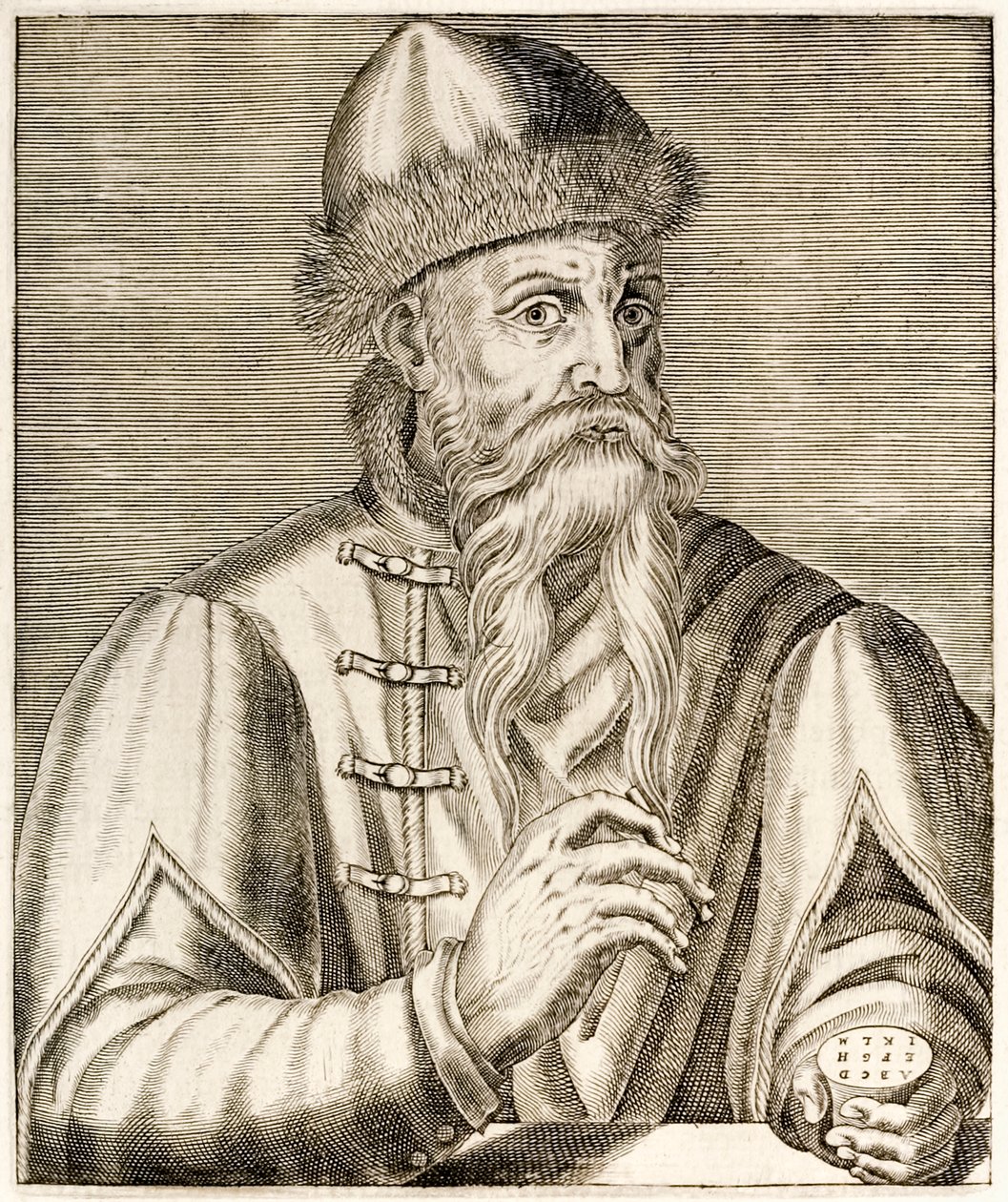 Johannes Gutenberg: Tysk oppfinner hvis oppfinnelse av den bevegelige trykkpressen startet trykkrevolusjonen, fra True Portraits av André Thévet publisert i 1584 av Andre Thevet