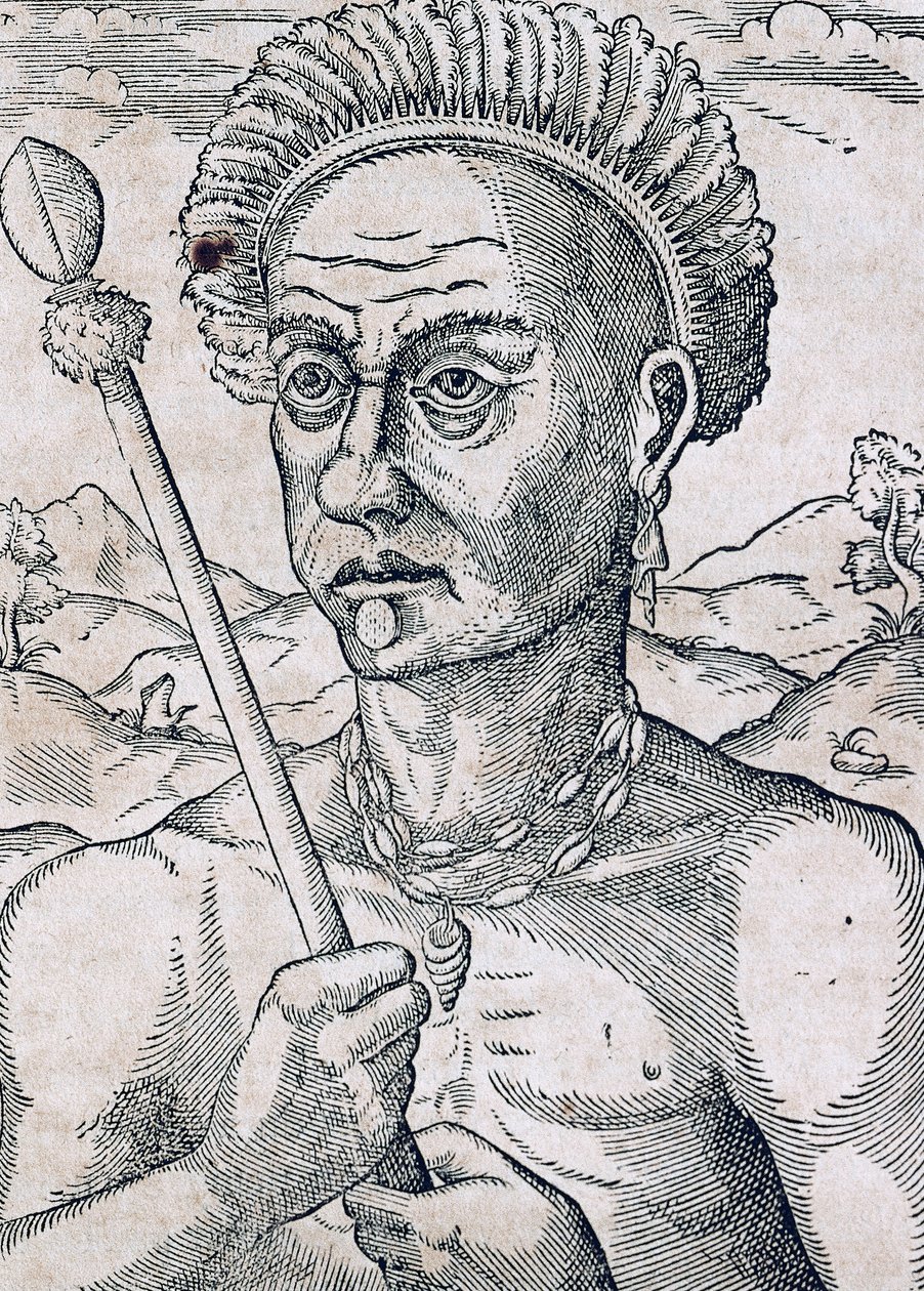 King Quoniambec, Brasil, gravering fra Universal Cosmology, av Andre Thevet (1504-1592), Paris av Andre Thevet