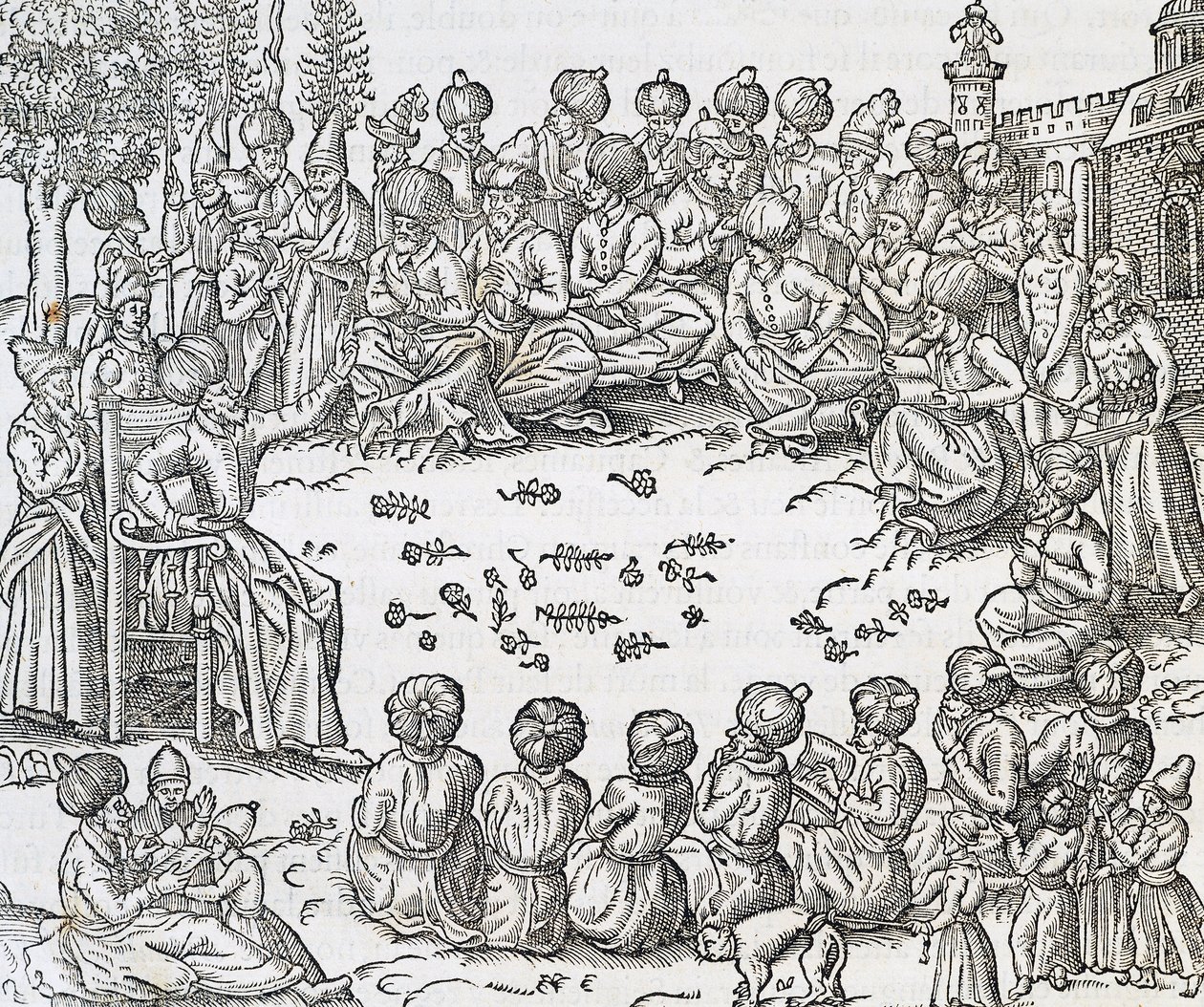 Møte mellom tyrkere og arabere, Marokko, gravering fra Universal Cosmology, av Andre Thevet (1504-1592), Paris av Andre Thevet