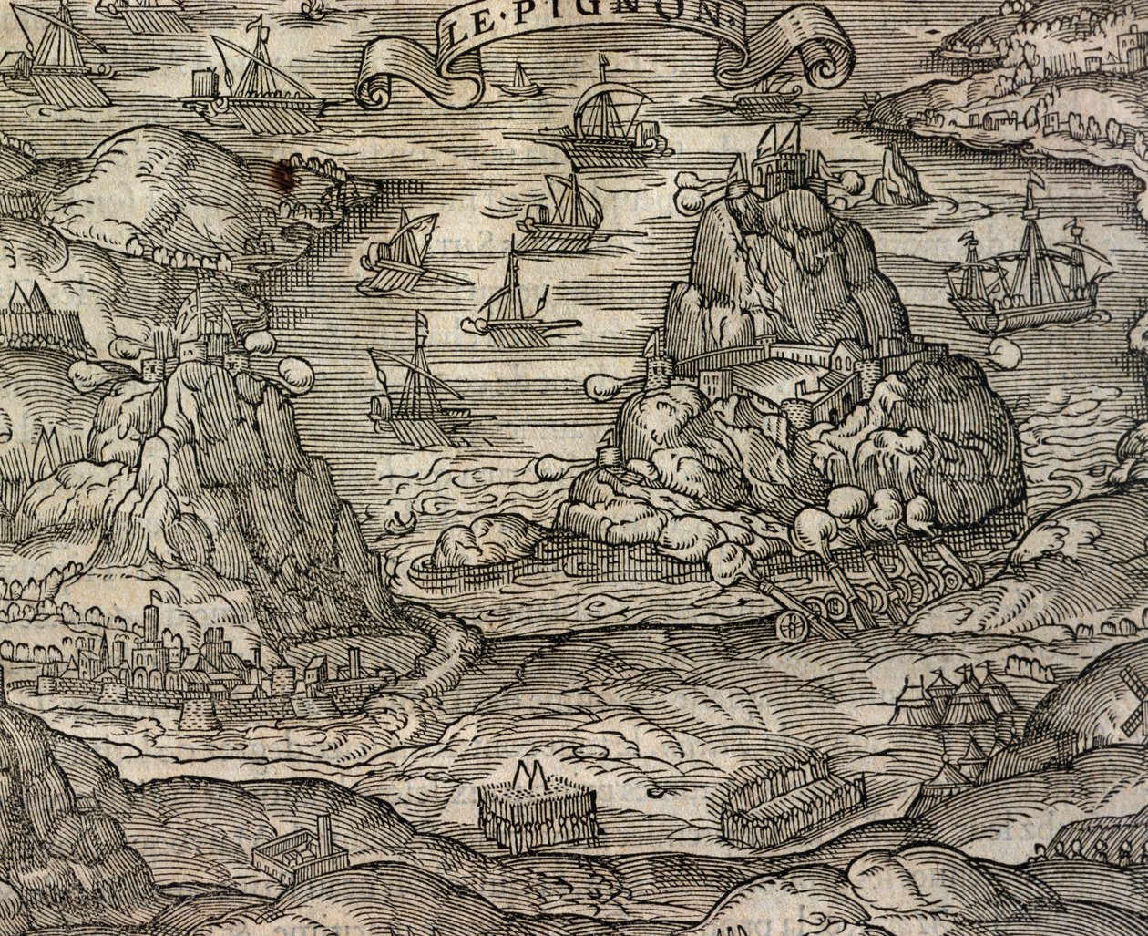 Sjøslag nær øya Le Pignon, gravering fra Cosmographie universelle, av Andre Thevet (1504-1592), Paris av Andre Thevet