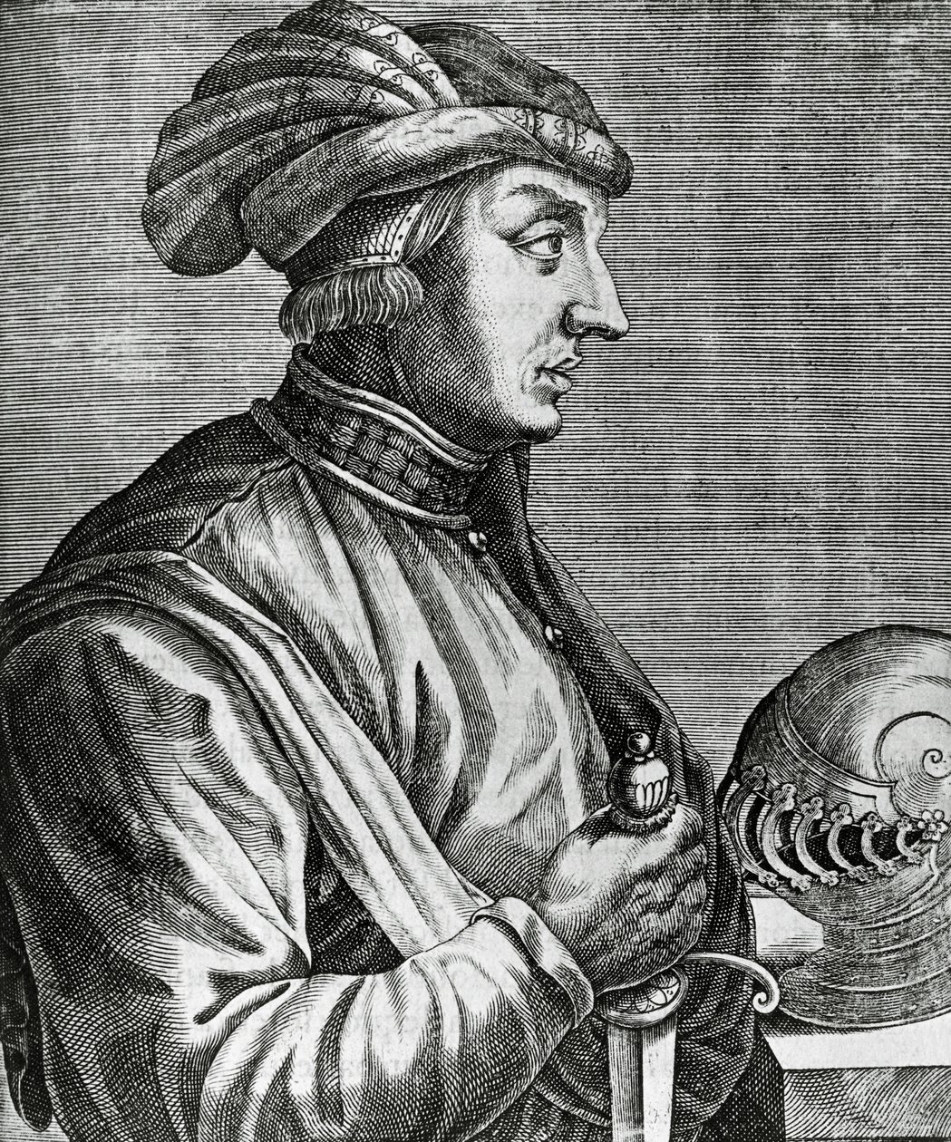 Portrett av Castruccio Castracani (ca 1281-1328), Lord of Lucca, gravering fra The True Portraits and Lives of Illustrious Men av Andre Thevet