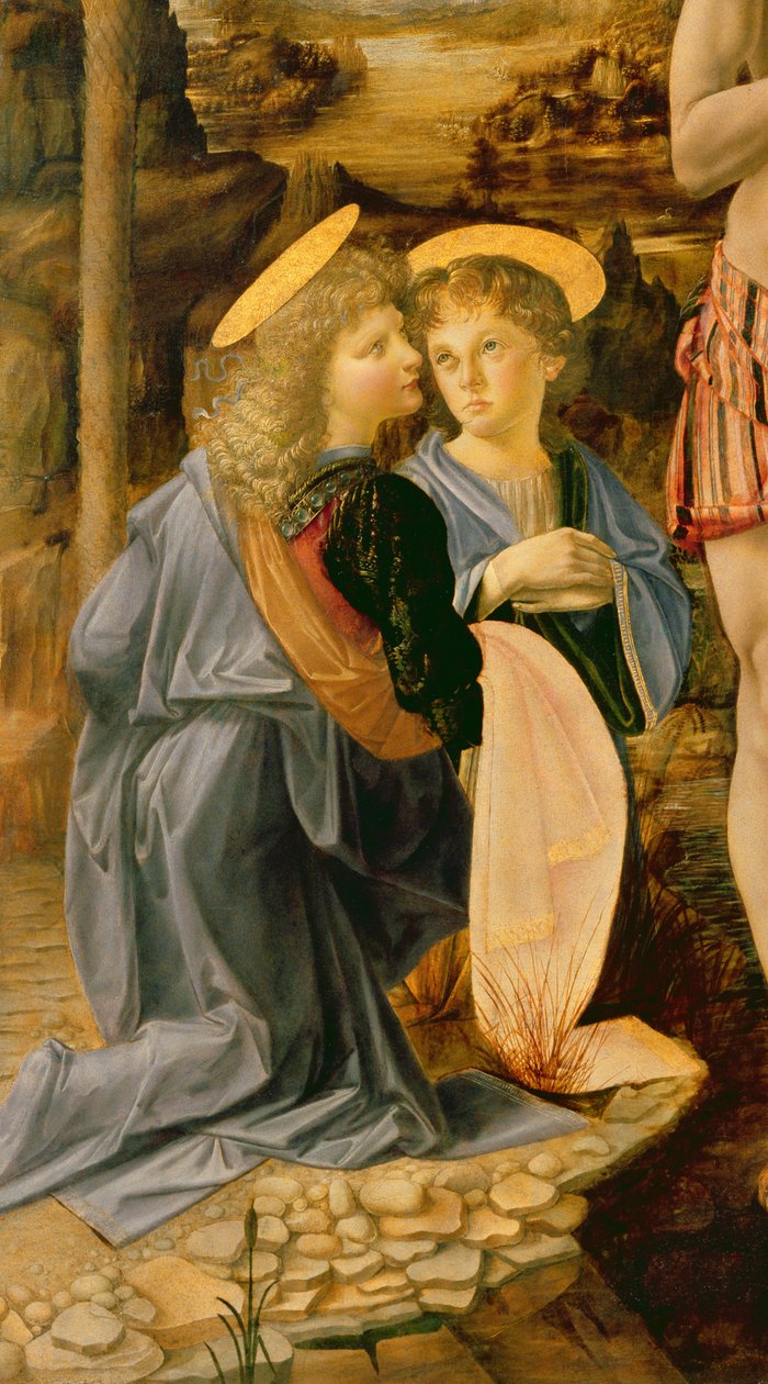 The Baptism of Christ av Johannes døperen, ca. 1475 (detalj av 362326) av Leonardo da Vinci