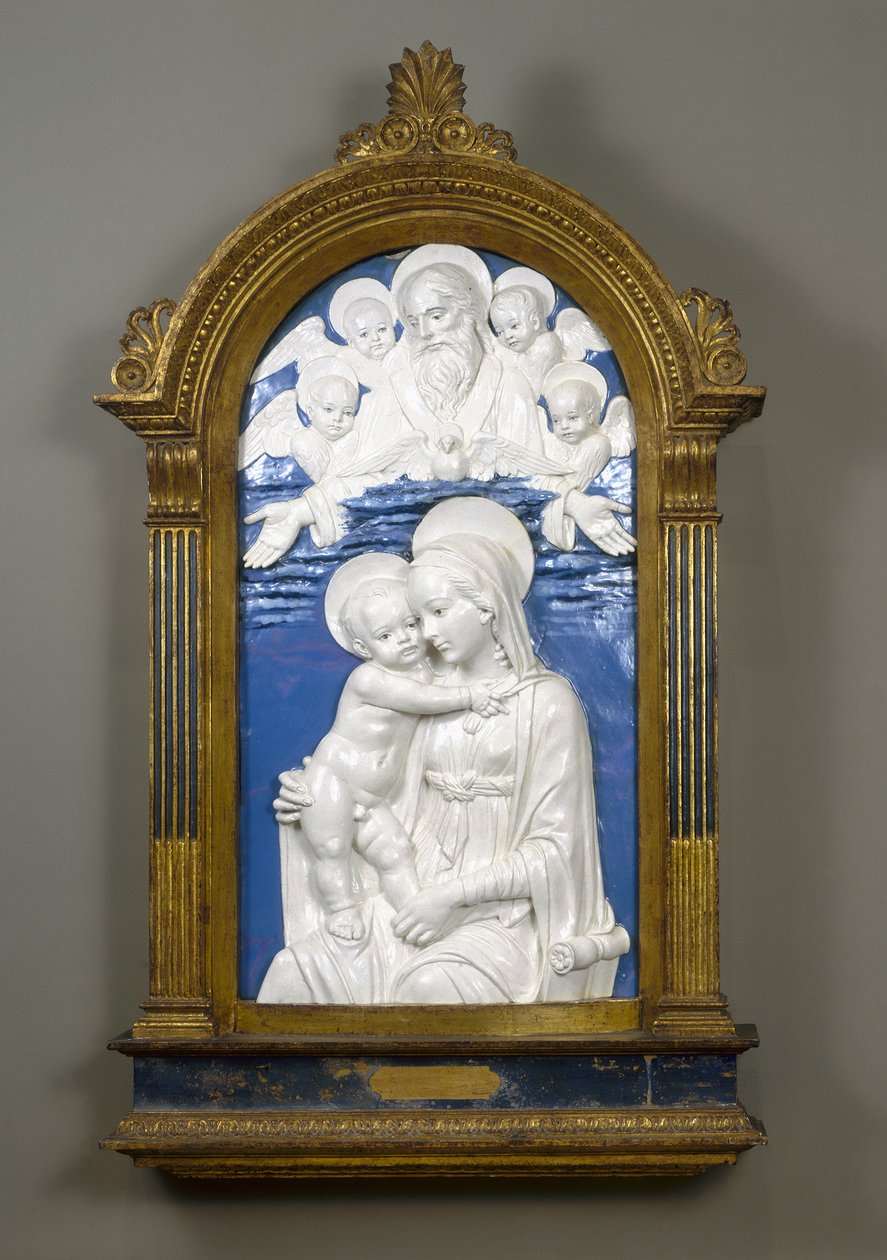 Madonna og barn med Gud Faderen og kjeruber, 1480-90 (glasert terrakotta) av Andrea Della Robbia