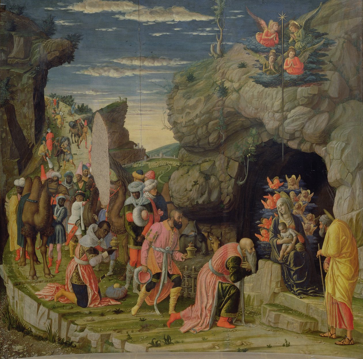Adoration of the Magi, sentralpanel fra altertavlen, ca. 1466 (tempera på panel) (se også 50042) av Andrea Mantegna