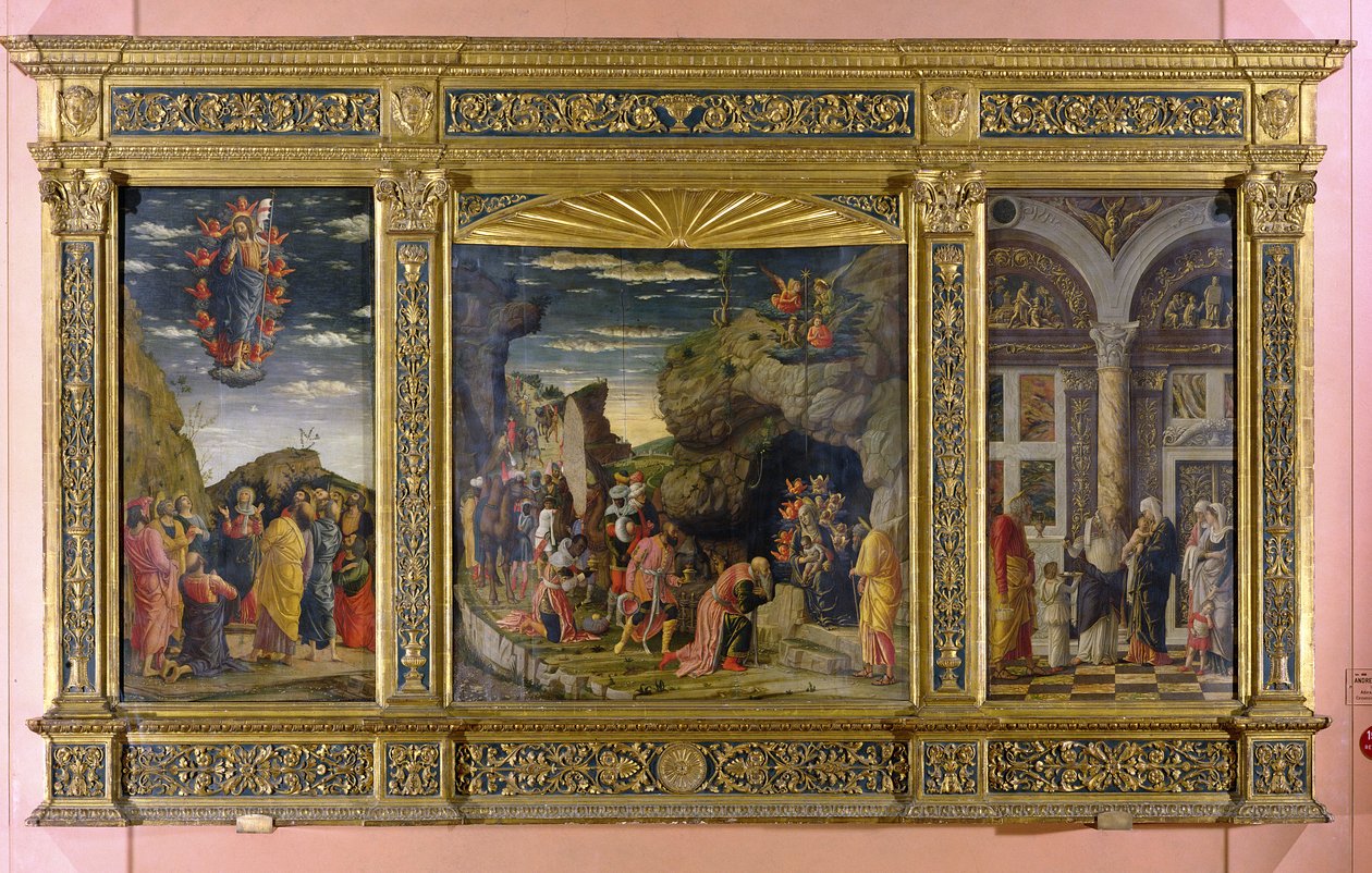 Altertavle som viser himmelfarten, tilbedelsen av magiene og omskjæringen, ca. 1463-64 (tempera på panel) av Andrea Mantegna