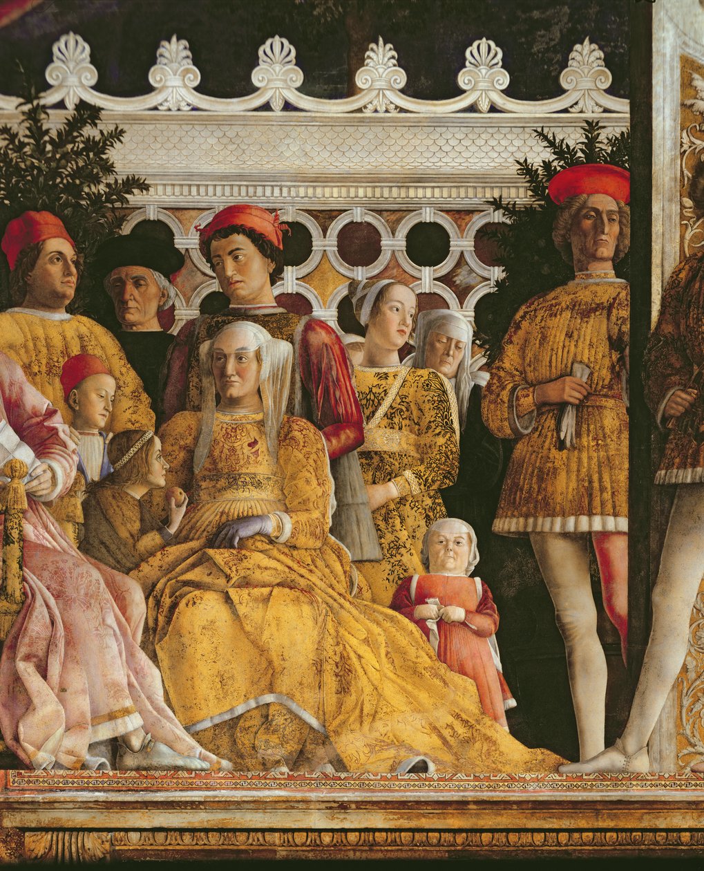 Detalj av Barbara av Brandenburg, (kone til Marchese Ludovico Gonzaga III av Mantua og deres barn og hoffmenn), fra Camera degli Sposi eller Camera Picta, 1465-74 av Andrea Mantegna