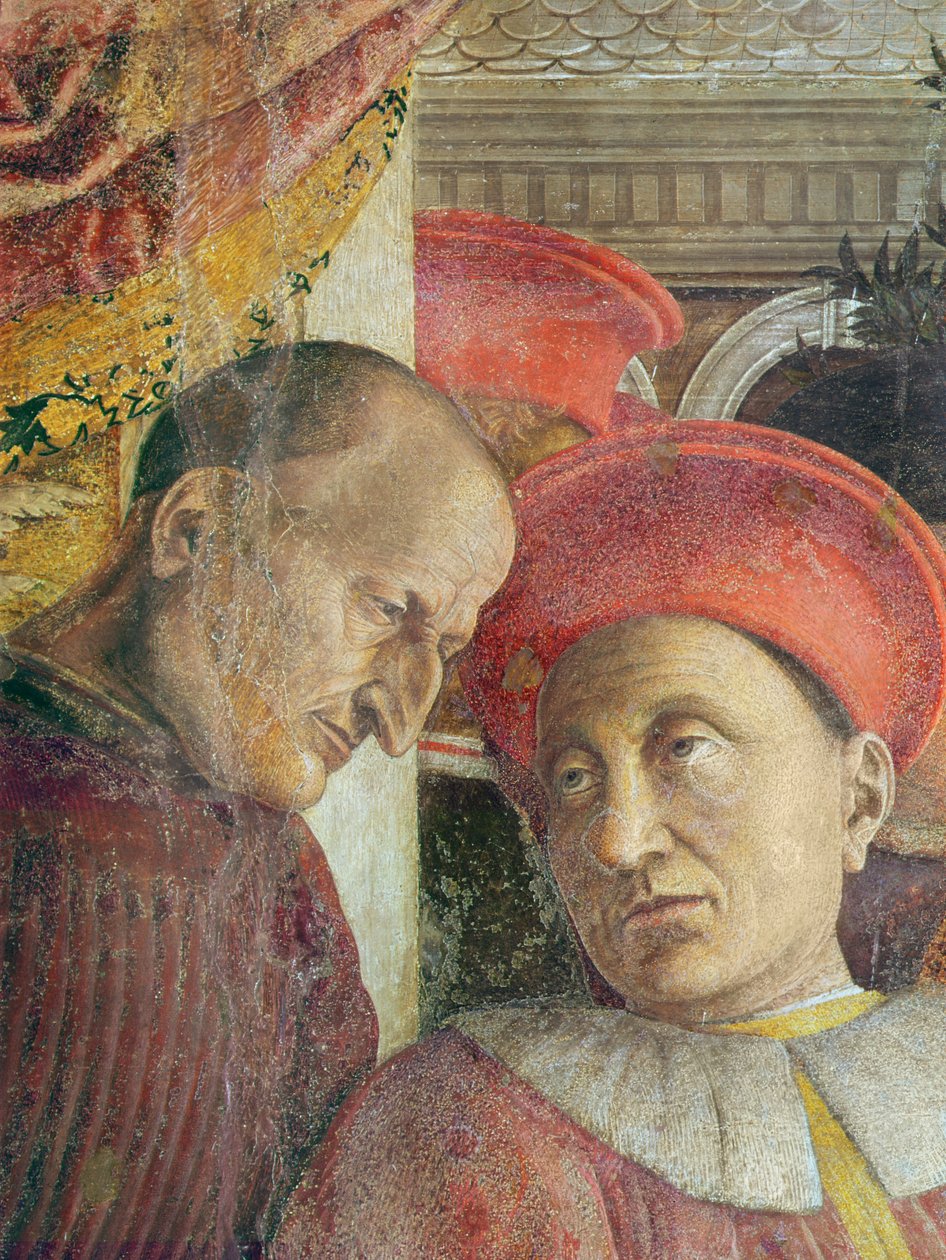 La Camera degli Sposi Brudekammeret. Ludovico II av Gonzaga og hans hoffdetalj av Ludovico II og hans sekretær før restaurering, freskomaleri ca. 1466-74 av Andrea Mantegna