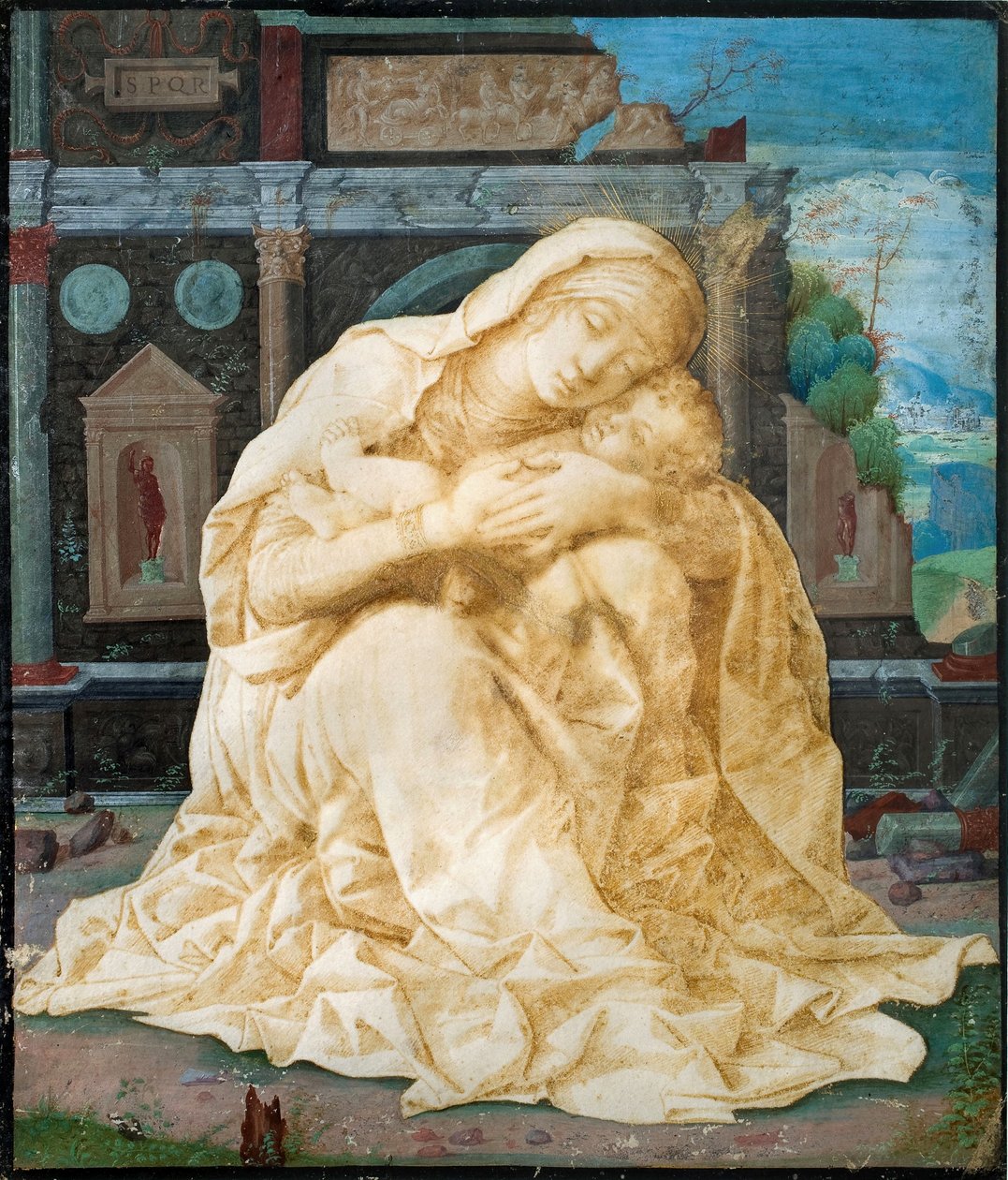 Madonna og barn mot de gamle ruinene av Andrea Mantegna