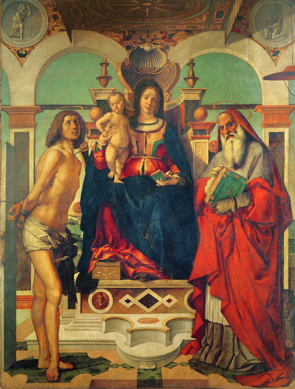 Madonna and Child tronet med Saint Jerome og Saint Sebastian av Andrea Mantegna