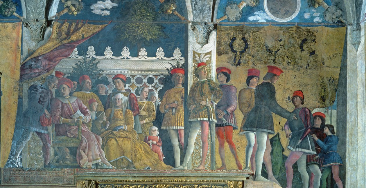 Marchese Ludovico Gonzaga III, hans kone Barbara av Brandenburg, deres barn, hoffmenn og deres hund Rubino, fra Camera degli Sposi eller Camera Picta, 1465-74 av Andrea Mantegna