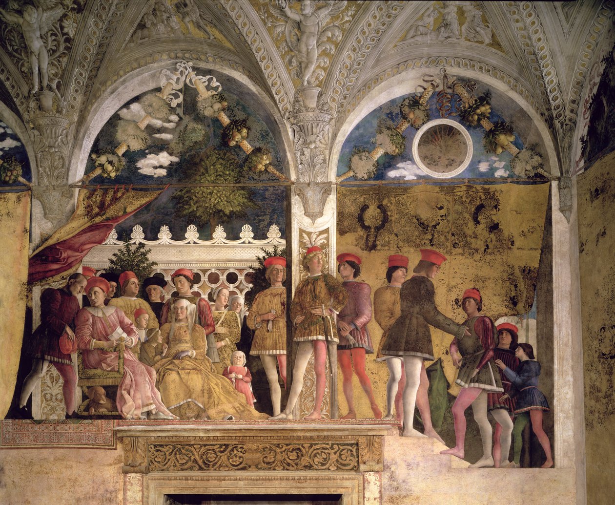 Marchese Ludovico Gonzaga III av Mantua (reg. 1444-78), hans kone Barbara av Brandenburg, barn, hoffmenn og deres hund Rubino, fra Camera degli Sposi eller Camera Picta, 1465-74 (detalj av Andrea Mantegna
