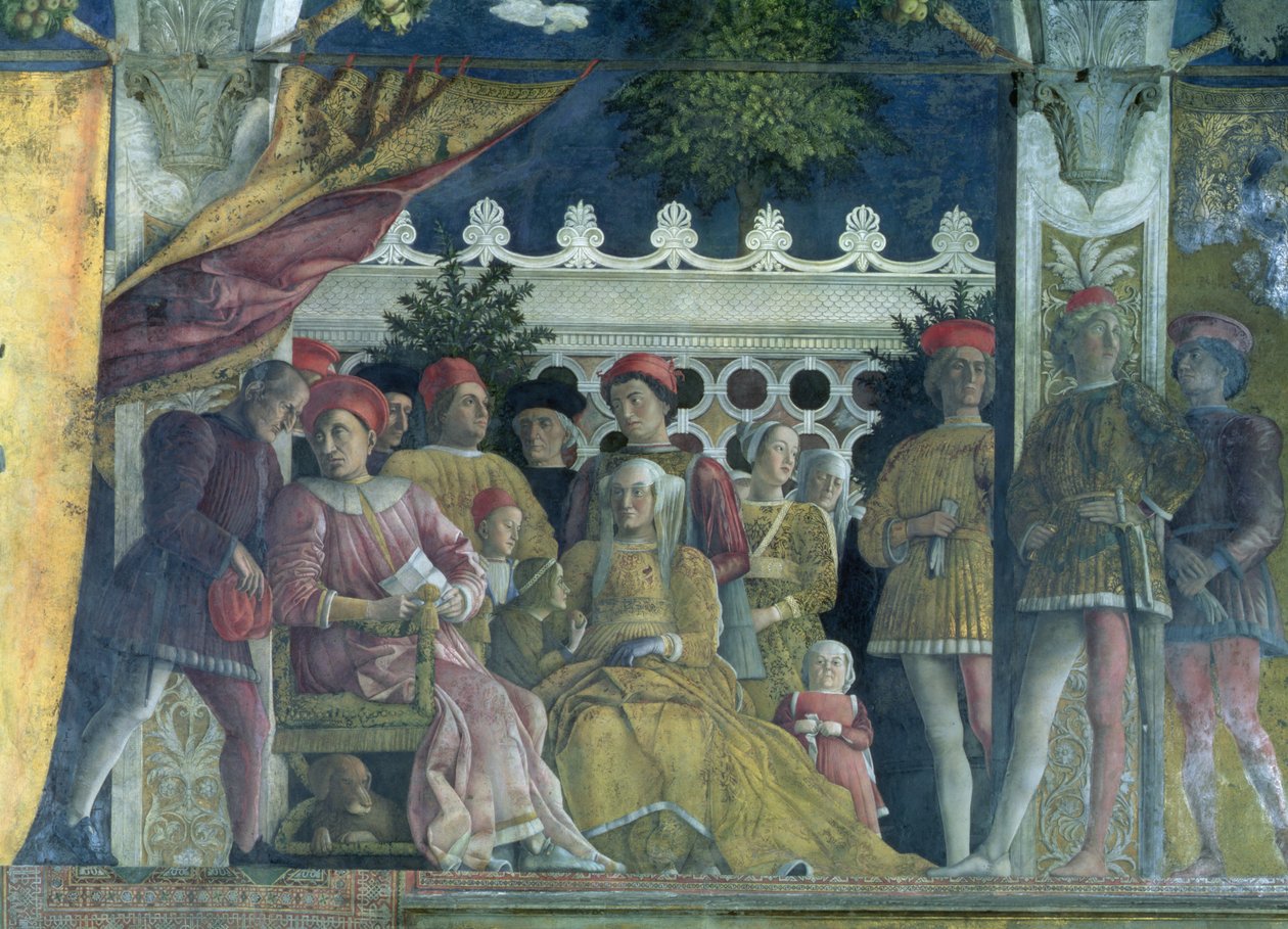 Marchese Ludovico Gonzaga III av Mantua (regjerte 1444-78), hans kone Barbara av Brandenburg, barn, hoffmenn og deres hund Rubino, fra Camera degli Sposi eller Camera Picta, 1465-74 (det av Andrea Mantegna