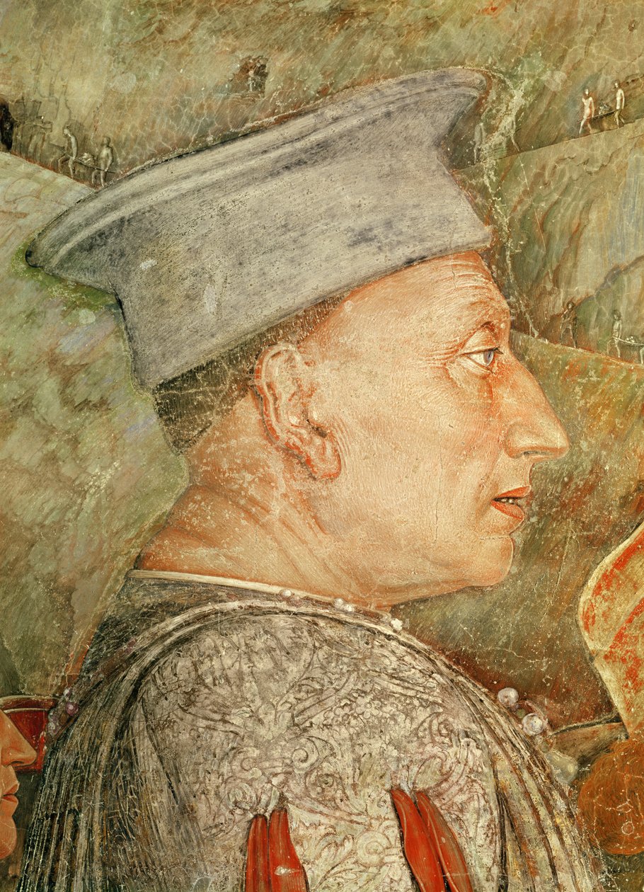 Marchese Ludovico Gonzaga III av Mantua hilser sin sønn, kardinal Francesco Gonzaga, detalj av Ludovico Gonzaga, ca. 1465-74 freskomaleri av 78456, 78454 av Andrea Mantegna