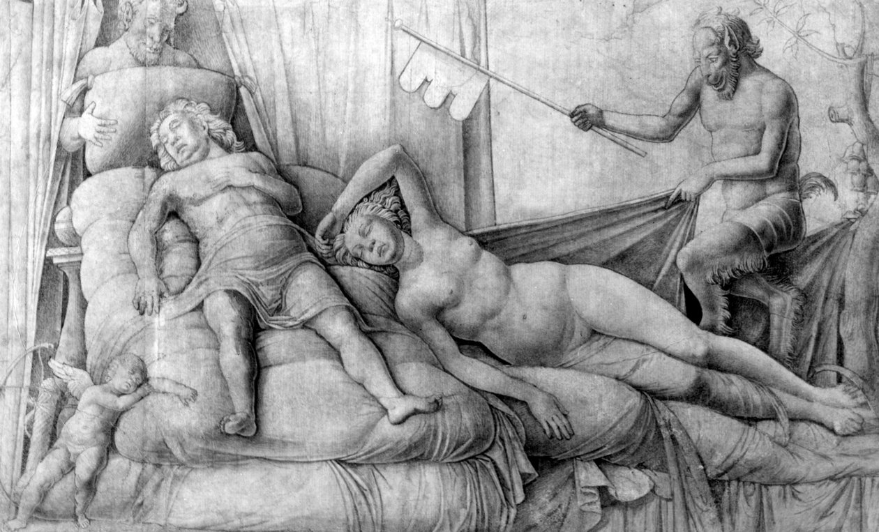 Naken kvinne sover med Amor og Satyrer av Andrea Mantegna