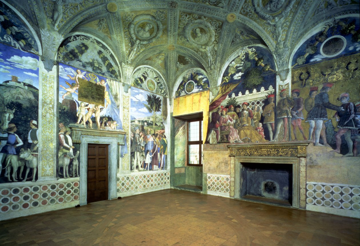 Camera degli Sposi eller Camera Picta med scener fra hoffet i Mantua, som viser Marchese Ludovico Gonzaga III og hans kone Barbara av Brandenburg, deres barn, hoffmenn og dyr, 1465- av Andrea Mantegna