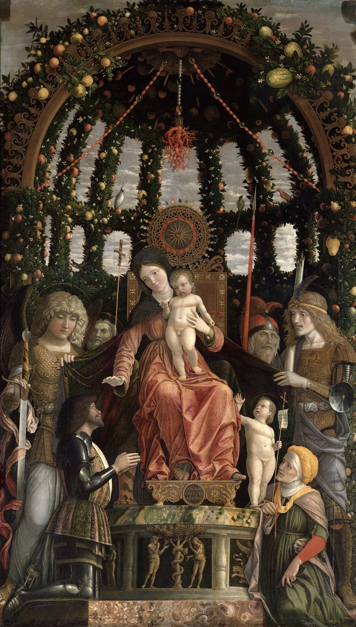 Seierens jomfru eller Madonnaen og barnet tronet med seks hellige og tilbedt av Gian-Francesco II Gonzaga, bestilt i 1495 av Andrea Mantegna