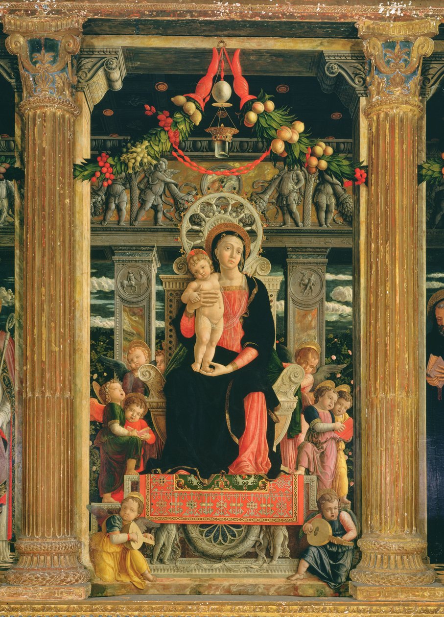 Jomfru og barn med engler, sentralpanel fra altertavlen til St. Zeno av Verona, 1456-60 (detalj av 214237) av Andrea Mantegna