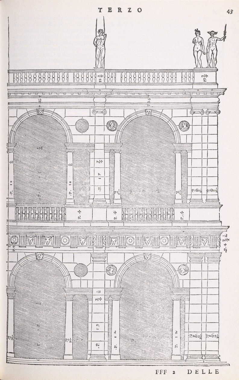Høydedetalj av basilikaen i Vicenza, illustrasjon fra en faksimilekopi av I Quattro Libri dellArchitettura skrevet av Palladio, opprinnelig utgitt 1570 av Andrea Palladio