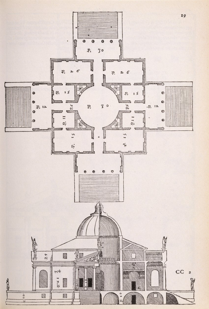 Plan og tverrsnitt av Villa Rotunda, illustrasjon fra en faksimilekopi av 'I Quattro Libri dell'Architettura' skrevet av Palladio, opprinnelig utgitt 1570 av Andrea Palladio