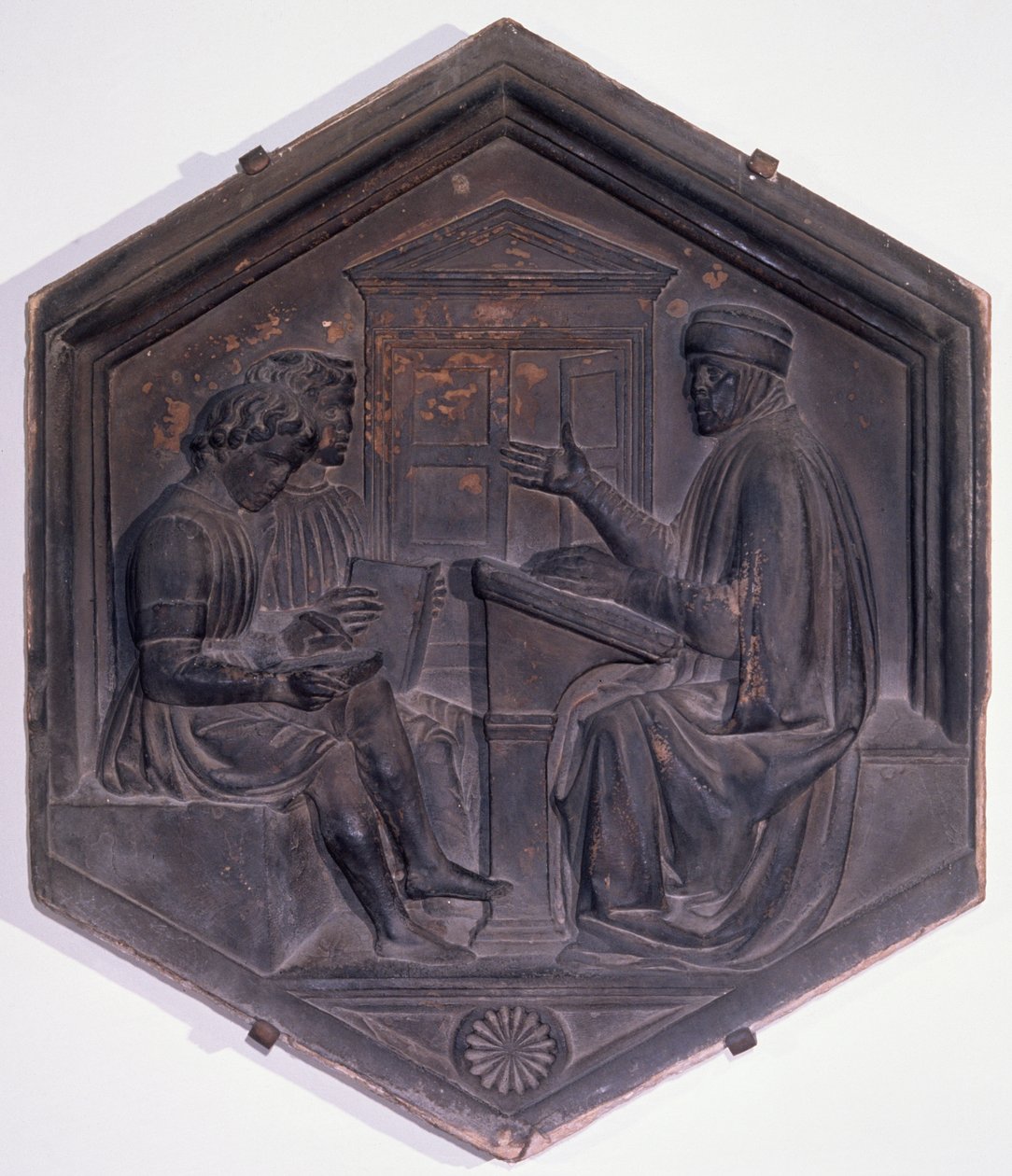 Grammatikk, sekskantet dekorativ flis fra en serie som viser de syv liberale kunstene, muligens basert på design av Giotto (ca. 1266-1337) ca. 1334-48 (marmor) av Andrea Pisano