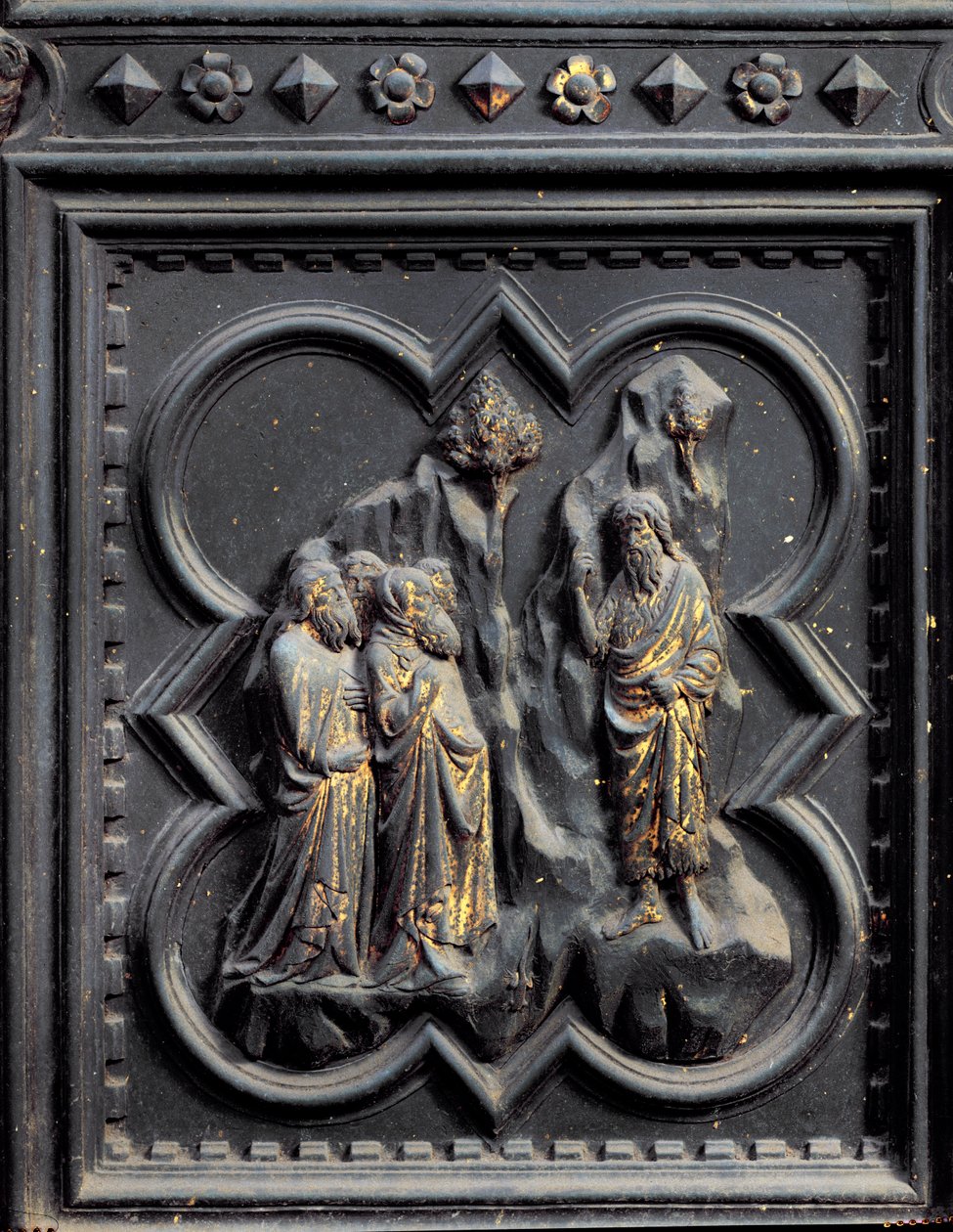 Døperen Johannes forkynner for fariseerne, syvende panel av sørdørene til døperen San Giovanni, 1336 (bronse) av Andrea Pisano