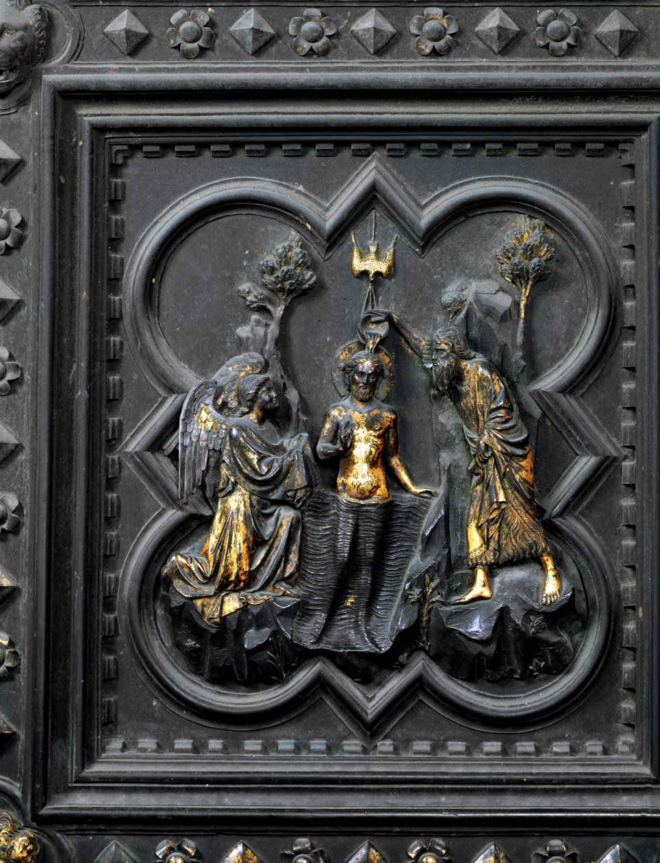 The Baptism of Christ av Saint John the Baptist, tiende panel av South Doors of the Baptistery of San Giovanni, 1336 (bronse) av Andrea Pisano