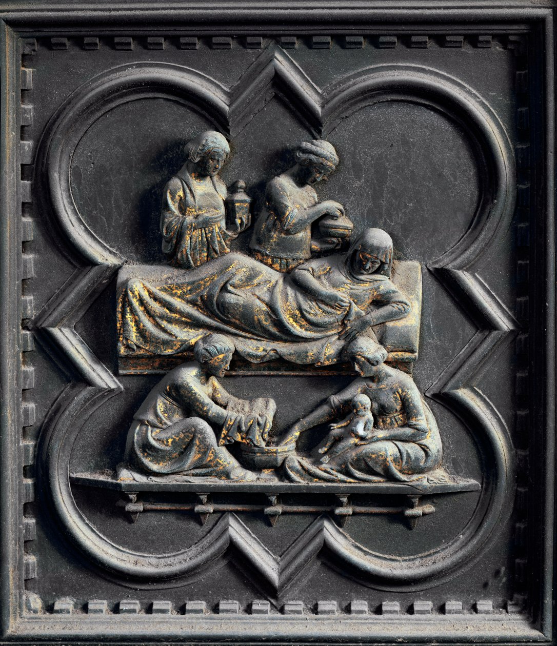 The Birth of St John the Baptist, fjerde panel av South Doors of the Baptistery of San Giovanni, 1336 (bronse) av Andrea Pisano