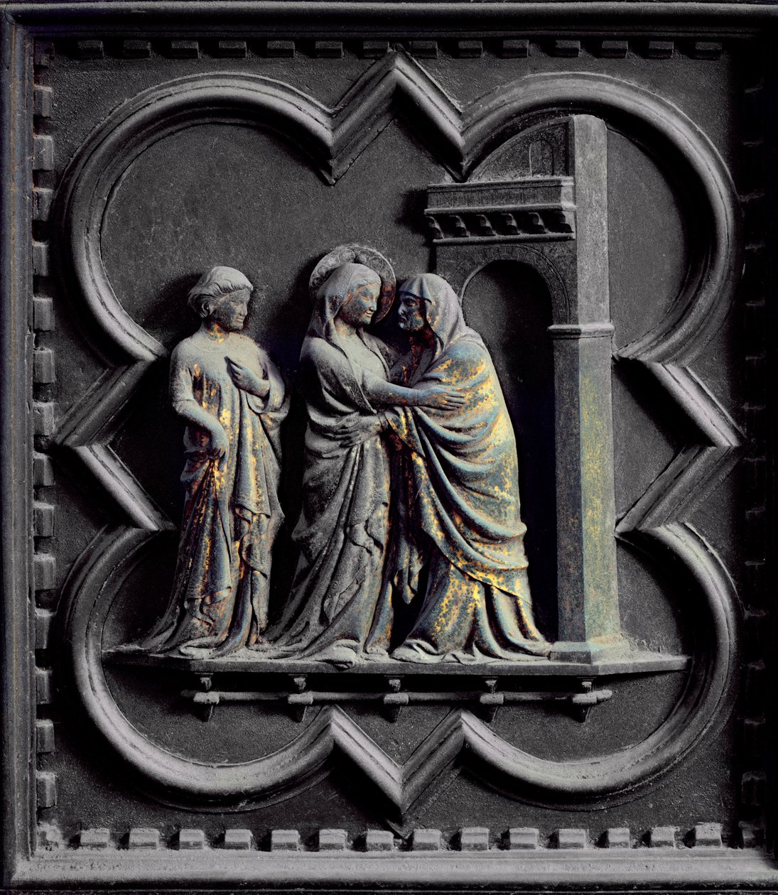 The Visitation, tredje panel av South Doors of the Baptistery of San Giovanni, 1336 (bronse) av Andrea Pisano